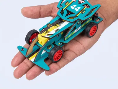 The built car resting on an adult palm