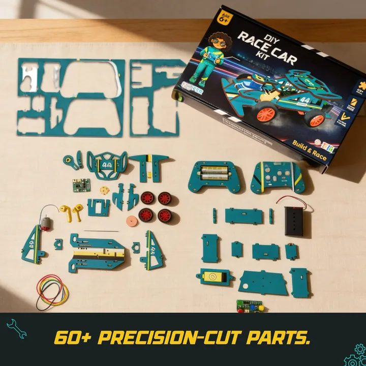 Every part in the kit laid out: laser-cut boards, motor, wheels and remote